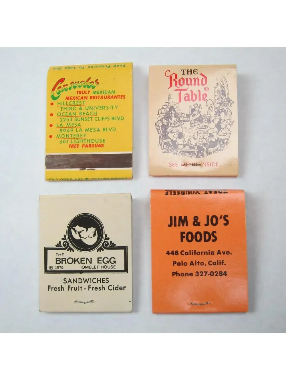 4 Matchbook Covers Consuelo's The Round Table The Broken Egg Jim & Jo's Foods CA